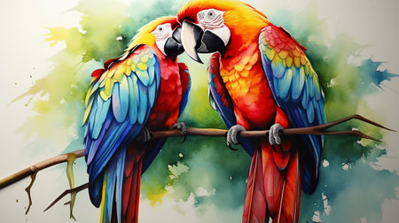 Colorful macaws on branch, watercolor painting background, illustrationの素材