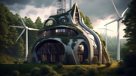 Eco house with wind turbines in the forest. 3D renderingの素材