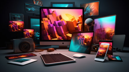 Modern digital devices and gadgets on table. 3D rendering illustration.の素材