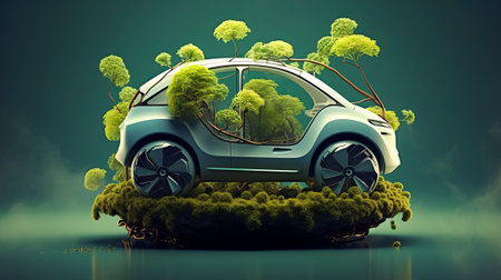 Green eco car with trees on the ground. 3D illustration.の素材