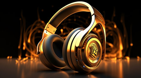 3d illustration of golden headphones over black background. Music concept.の素材