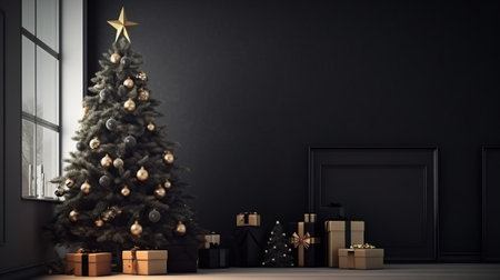 Christmas tree with presents and decorations in black room. 3D renderingの素材