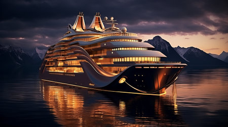Cruise ship in the sea at sunset. 3D rendering.の素材
