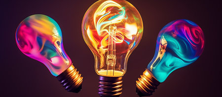 Colorful fluorescent light bulbs on dark background. 3D illustration.の素材