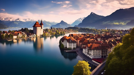 Panoramic view of Lucerne, Switzerland. Lake Lucerne is the largest lake in Europe.の素材