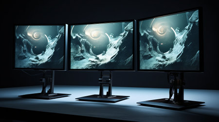 Computer monitors screen in dark room with human silhouettes. 3D renderingの素材