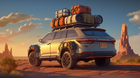 3D rendering of a suv with luggage on top in the desertの素材