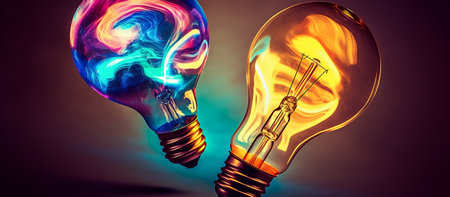 Glowing light bulb and incandescent bulbs on dark background. 3D renderingの素材