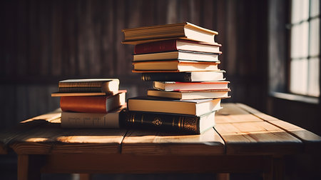 Pile of books on wooden table. Education concept. Vintage toneの素材
