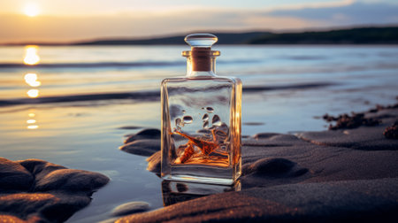 Bottle of whiskey on the beach at sunset. Selective focus.の素材