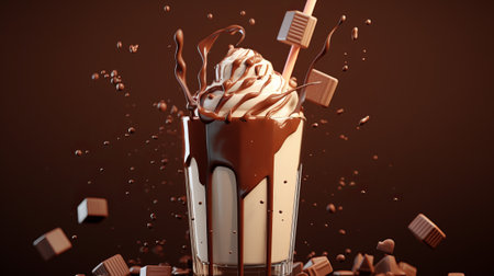 Chocolate milkshake with whipped cream, 3d render illustrationの素材