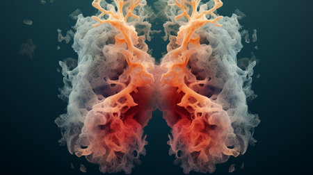 3D illustration of human lungs in red and orange smoke on dark backgroundの素材
