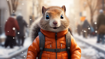 Cute squirrel in orange jacket on city street. Winter concept.の素材