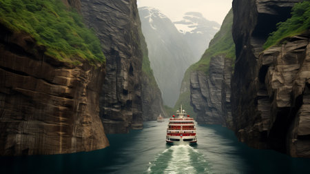 Cruise ship in the fjords of Norway. 3d renderingの素材