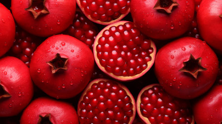 Pomegranate fruit with water drops as background, top viewの素材