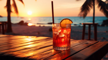 Cocktail on the beach at sunset. Summer vacation concept.の素材