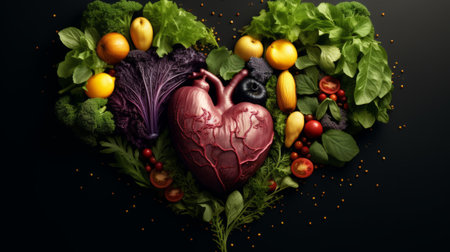 Healthy heart made of fresh vegetables and fruits on a black backgroundの素材