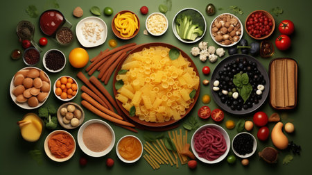 Food ingredients for cooking pasta on a green background. Top view.の素材
