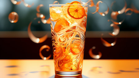 Orange cocktail with ice and orange slices in glass. 3d illustrationの素材