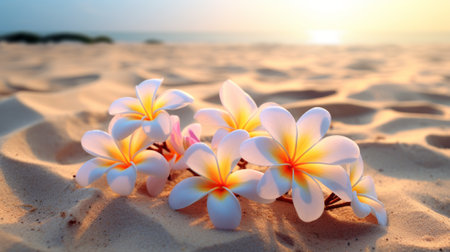 Plumeria flower on the beach with sunset background, nature backgroundの素材