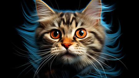 Portrait of Maine Coon cat with blue hair on black backgroundの素材
