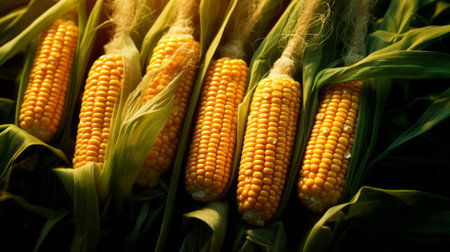Ripe corn on the cob in the field, close-upの素材