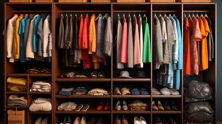 Closet with different clothes and shoes on it, 3d renderingの素材