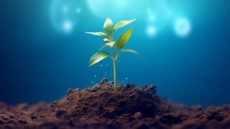 Green sprout growing from soil on blue background. 3d renderの素材