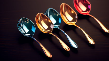 Spoons on a dark background. 3d rendering toned imageの素材