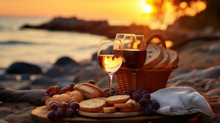 Two glasses of white wine, grapes and bread on the beach at sunsetの素材