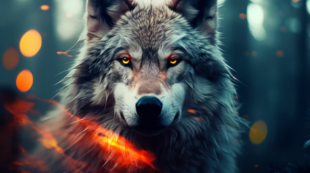 Portrait of a wolf in the forest with a burning fire.の素材