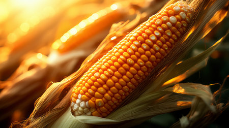 Ripe corn on the cob in the field, close-upの素材