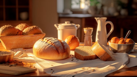 Different types of bread on the table in the kitchen at home.の素材