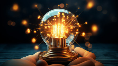 Glowing electric light bulb in hand on dark background 3D renderingの素材