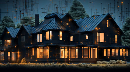 3d rendering of modern cozy house in chalet style with garage and pool for sale or rent. Black shiny metal beams on the roof. Clear blue night sky with stars.の素材