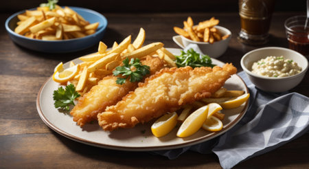 Fish and chips with lemon and parsley on a wooden table.の素材