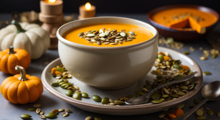Pumpkin soup with cream and seeds in a bowl. Selective focus.の素材