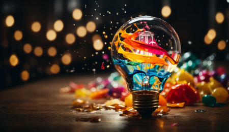 Incandescent light bulb with colorful confetti inside on wooden tableの素材