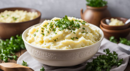 Mashed potatoes with parsley in a bowl on a wooden backgroundの素材
