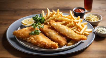 Fish and chips on a plate with ketchup and mayonnaiseの素材