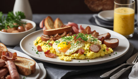 Scrambled eggs with bacon and herbs served on a plate.の素材
