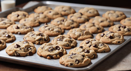 Chocolate chip cookies on a baking sheet, shallow depth of fieldの素材