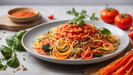 Spaghetti bolognese with tomato sauce and vegetables on white plateの素材