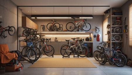 Interior of a bicycle shop with bicycles and accessories. 3d renderingの素材