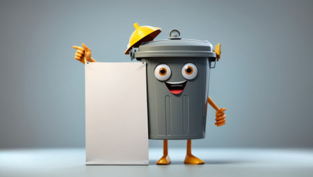 Cartoon trash bin character with blank paper board. 3d illustrationの素材