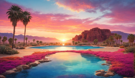 Beautiful sunset over a lake with pink flowers and palm trees.の素材