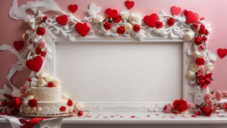 Valentine's day cake with red hearts and white frame on pink backgroundの素材