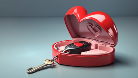 Car key in heart shaped box. 3D illustration. Valentine's day concept.の素材