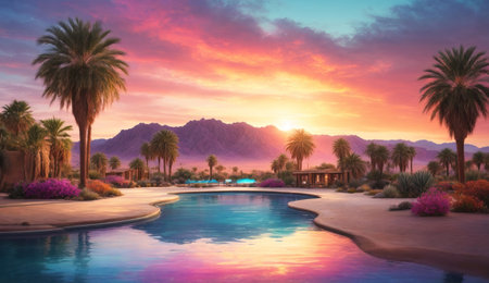 Swimming pool in the desert with palm trees and mountains at sunsetの素材