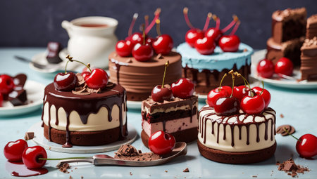 Chocolate cakes with cherries on a blue background. Selective focus.の素材